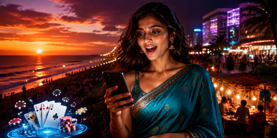 Indian woman playing poker responsibly in traditional saree
